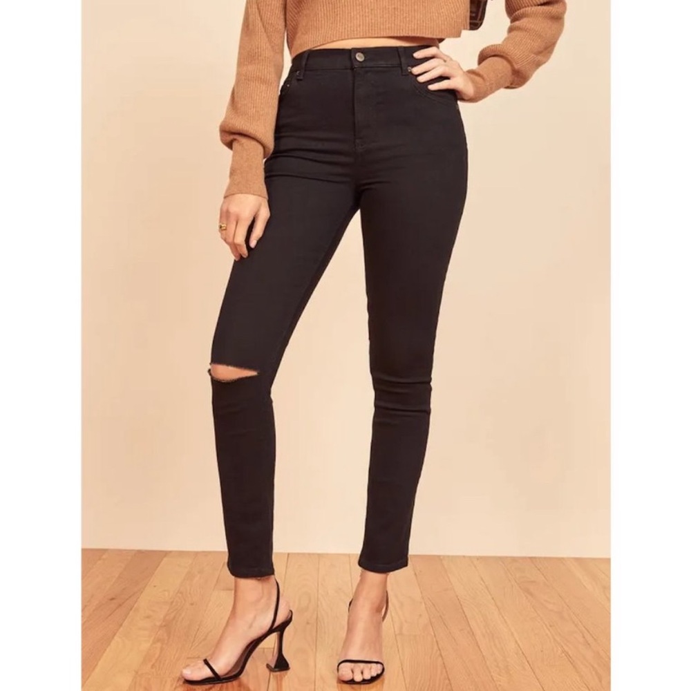 Reformation Black High-Rise Skinny Jeans with Knee Rip